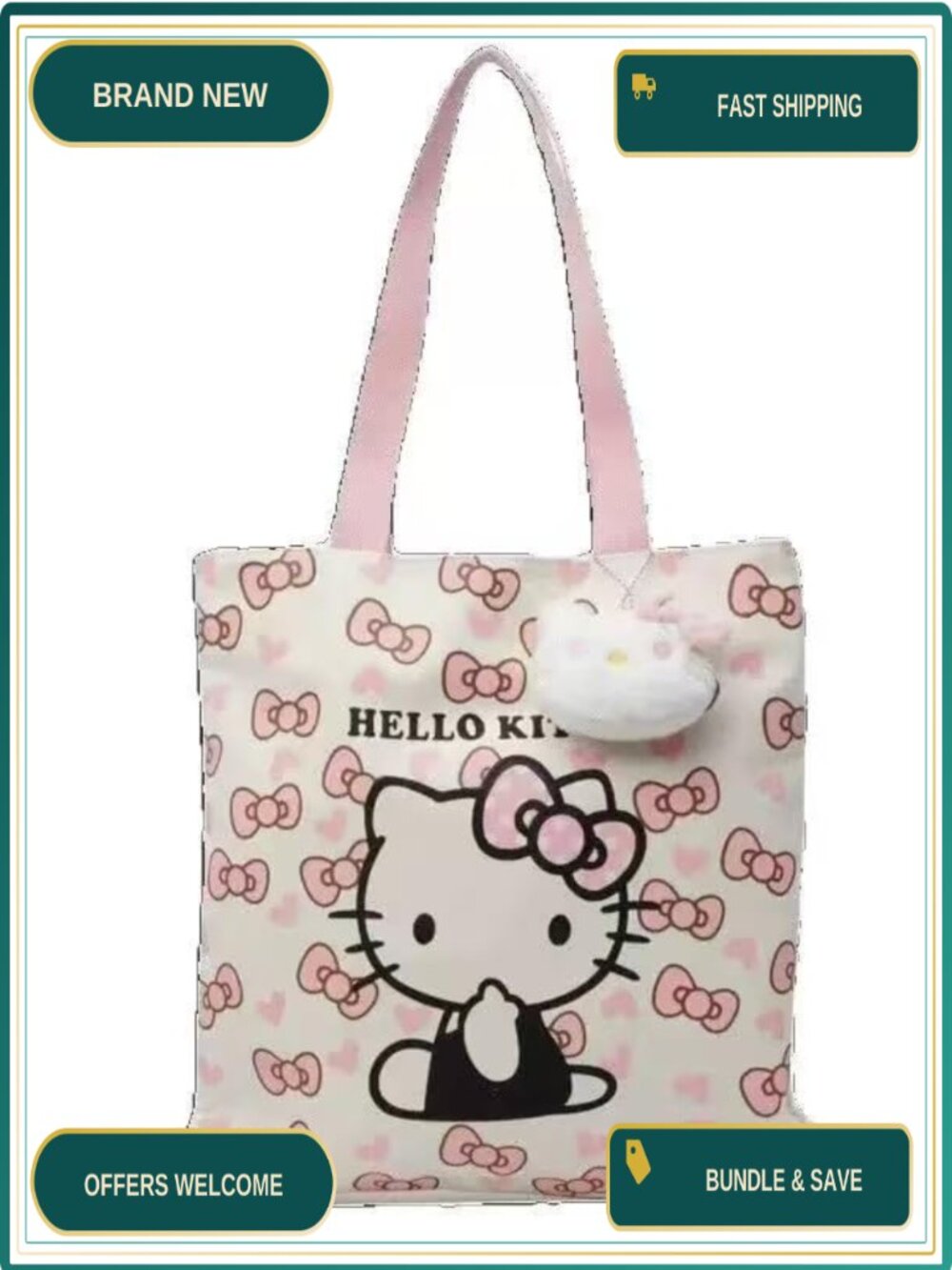 Kitty Tote Bag Kawaii Canvas Reusable Shoulder Bag Lightweight
